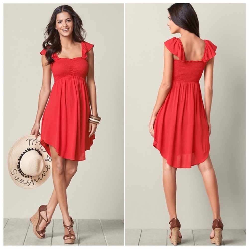 VENUS Red Smocked Bodice Mini Dress